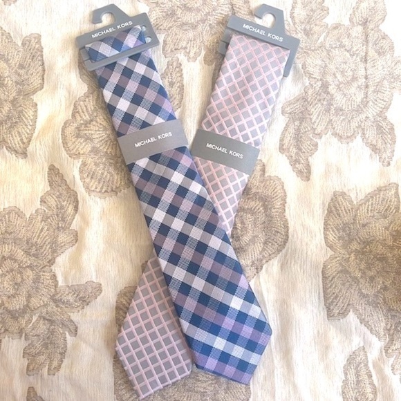 Brand New Michael Kors Set of 2 Ties Checkered Plaid Satin Sheen Business Office - Picture 1 of 13